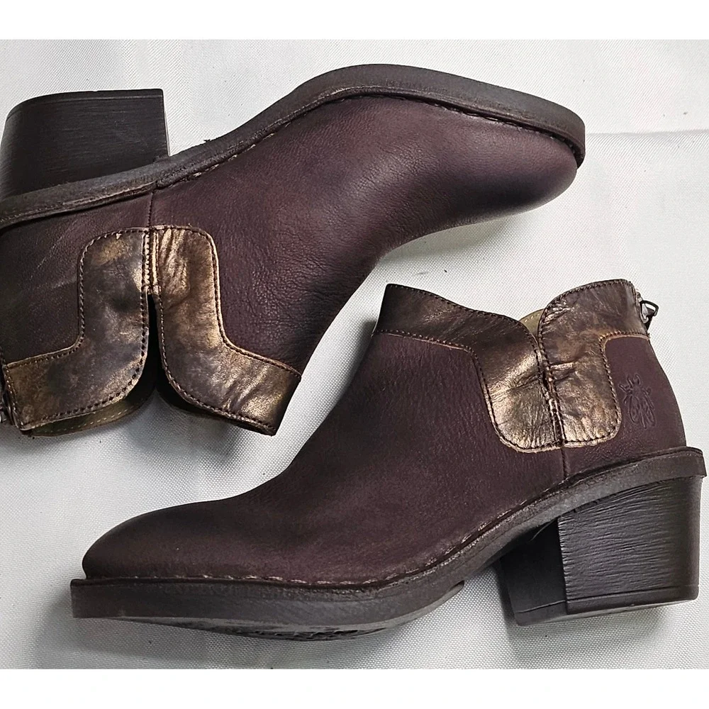 FLY LONDON Cupi/Bard Leather Ankle Boots‎ Bronze Detail Block Heel Zip Size 35